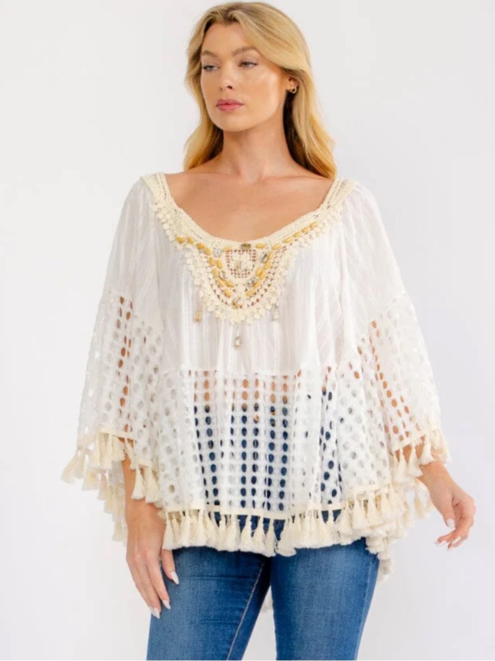 SD6- OFF WHITE Boho Gold Accent Beaded Crochet Tassel Tunic Top